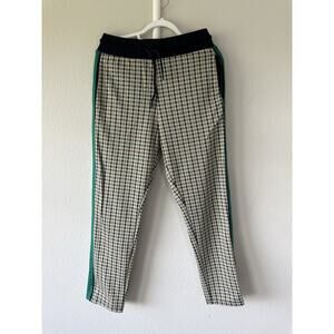 Zara Plaid Jogger Pants Green Side Stripe Elastic Waist Drawstring Beige Black
